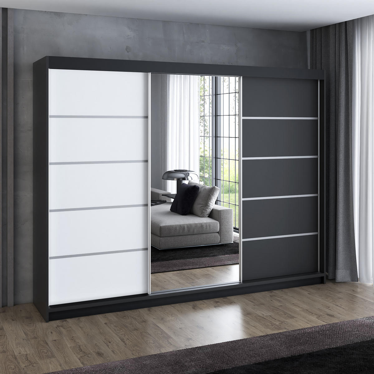 SCHWEBETÜRENSCHRANK 200 cm VILANO 1 Farbe: Schwarz, Weiß - Klar/Schwarz, Holzwerkstoff (200/215/59.5cm) - A&J MöbelLand