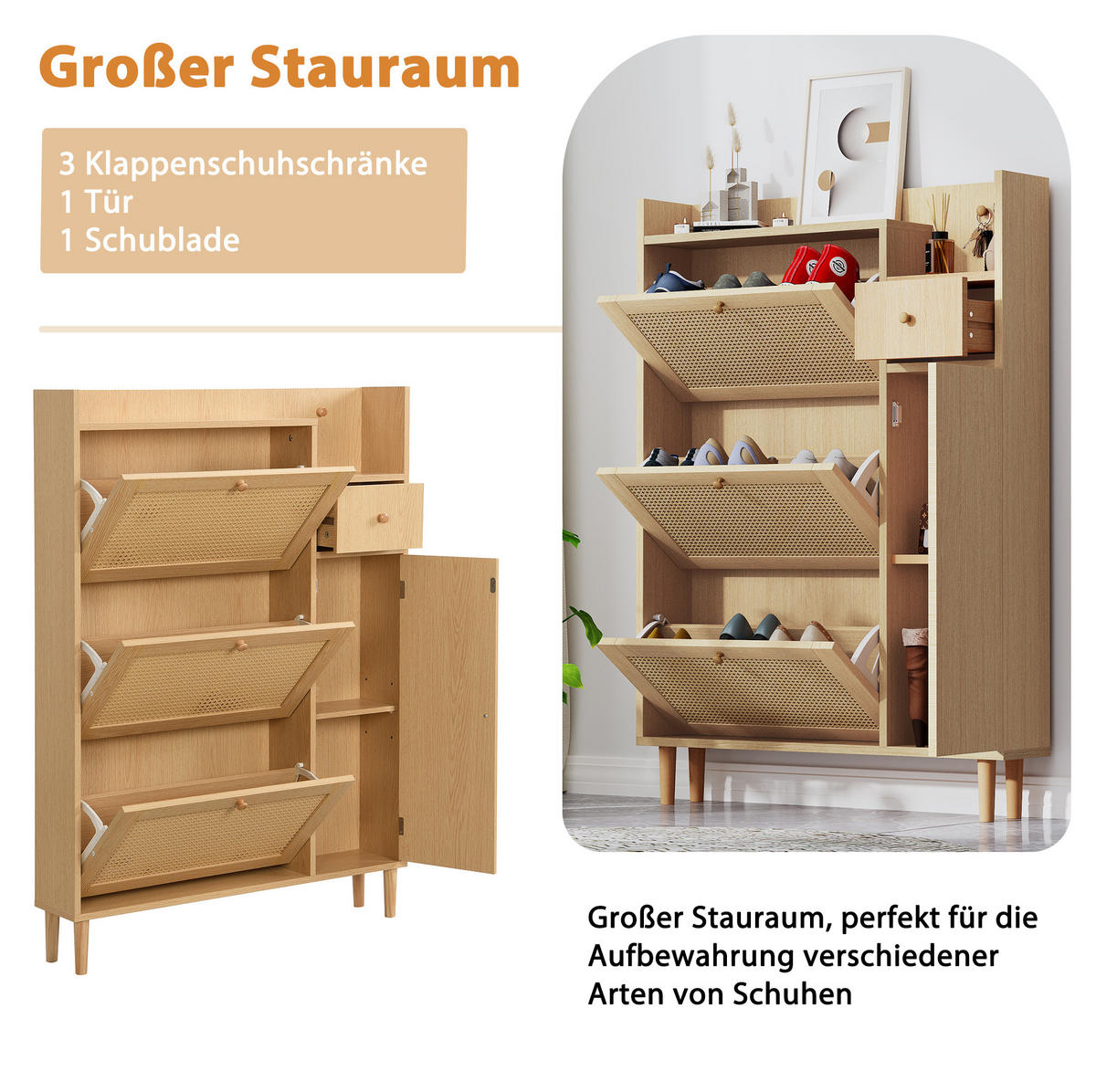 SCHUHSCHRANK 90/17/125 cm Natur/Weiß aus MDF mit 3 Klappen - Weiß, Holzwerkstoff (90/125/17cm) - OKWISH
