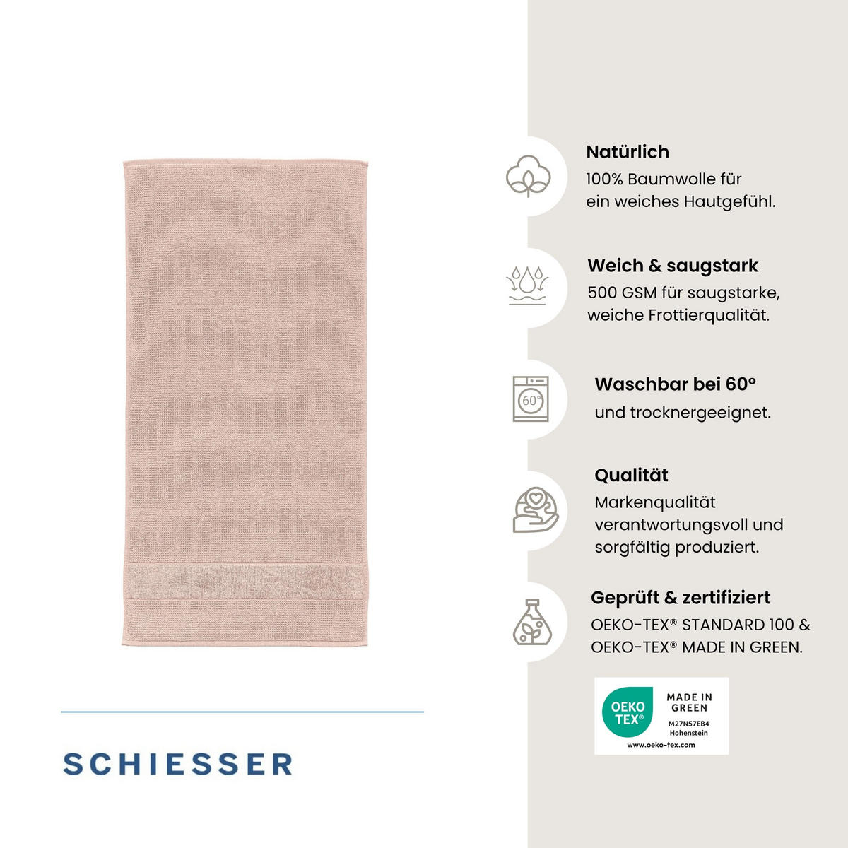 DUSCHTUCHSET Turin - 2-teilig - 70x140 cm - Hellrosa - Hellrosa, Textil (70/140cm) - SCHIESSER