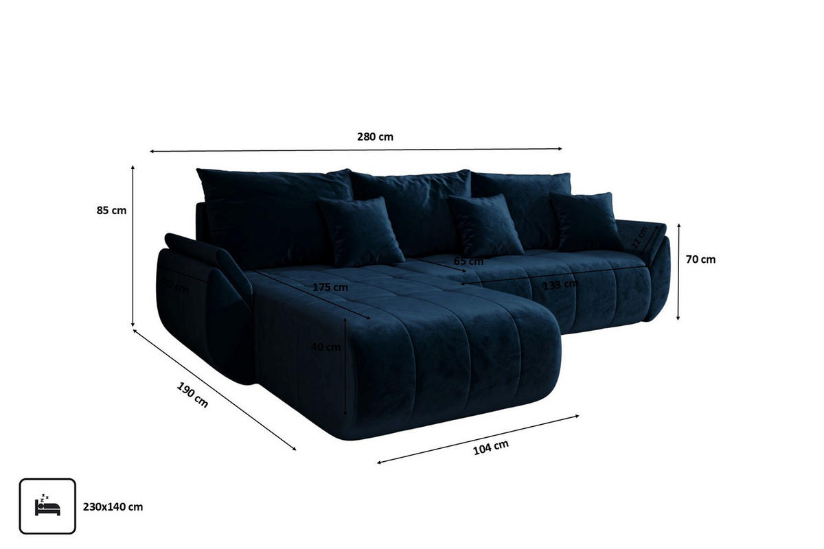 ECKSOFA Mit Schlaffunktion Und Bettkasten TOKYO, Stoff MONOLITH, Dunkelblau, Links - Dunkelblau, Holz (280/190cm) - Kaiser Möbel