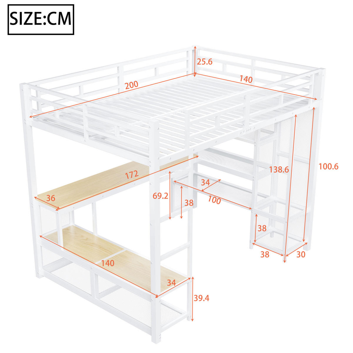 HOCHBETT 140/200 cm aus Metall und MDF mit Schreibtisch, offenem Kleiderschrank, USB und LED-Beleuchtung, Weiß - Weiß, Holzwerkstoff (140/200cm) - Redom