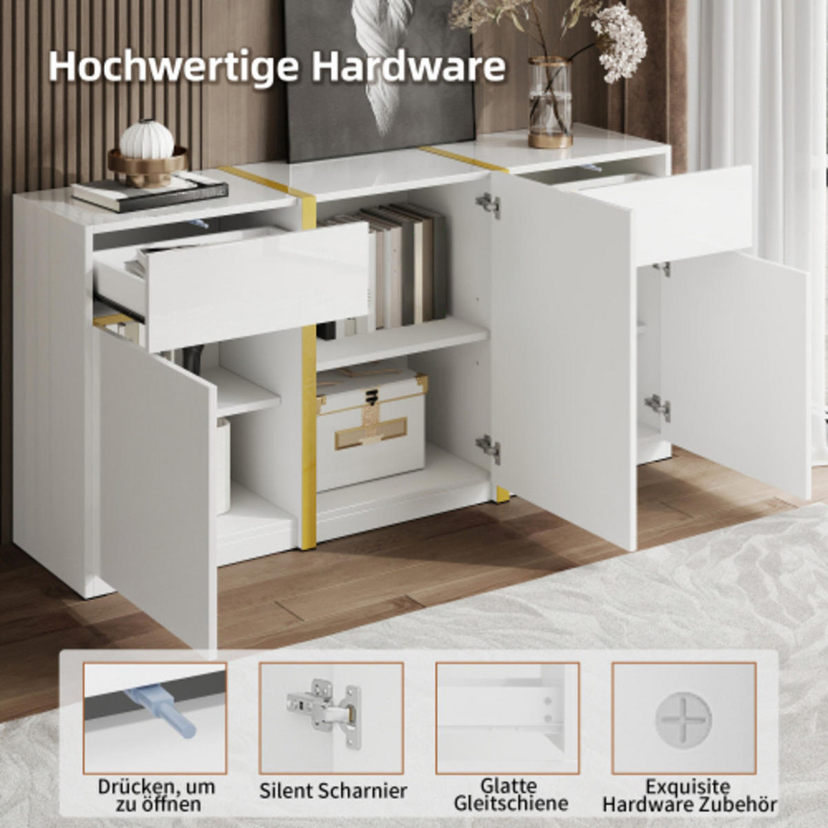 SIDEBOARD mit Goldverzierungen weiß Hochglanz 160×40×78 cm aus Spanplatte und MDF - Weiß, Holzwerkstoff (160/78/40cm) - Luhomfu