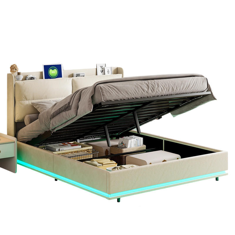 KLÄDD säng 160x200 cm krämfärgad sammet hydraulisk - Ecru, Metall (160/200cm) - SHOPENTRA
