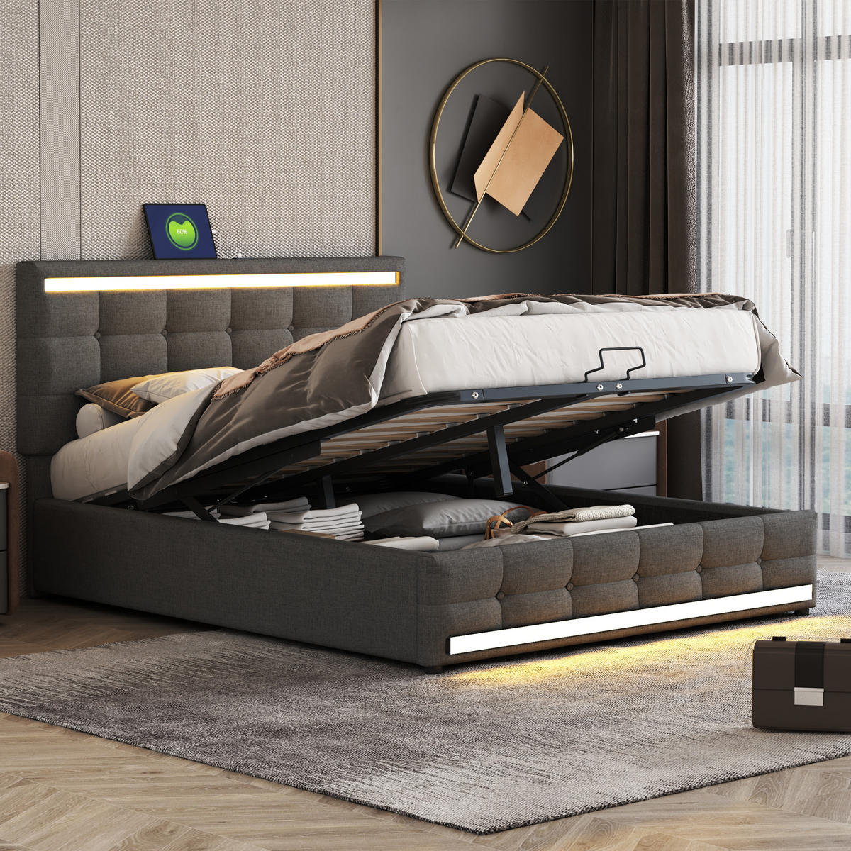 POLSTERBETT 140/200 cm grau mit LED-Beleuchtung und Stauraum - Grau, Textil (140/200cm) - OKWISH