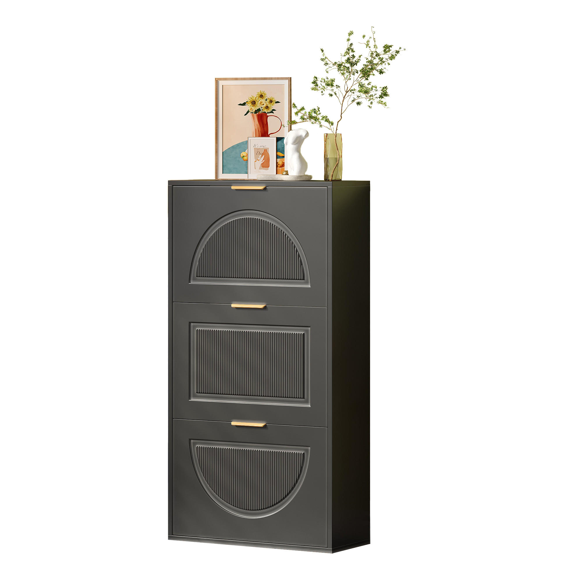 SCHUHSCHRANK in Schwarz mit 3 Klappen für Flur und Eingangsbereich , B60/T24/H114 cm - Schwarz, Holzwerkstoff (60/114/24cm) - STILVORA