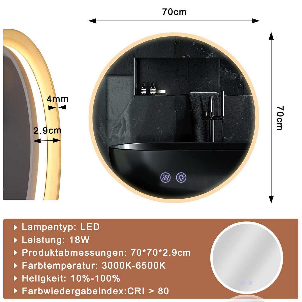 BADEZIMMERSPIEGEL Redfield mit LED-Leuchte Ø70 cm - Weiß, Glas (70/2.9/70cm) - Nettlife