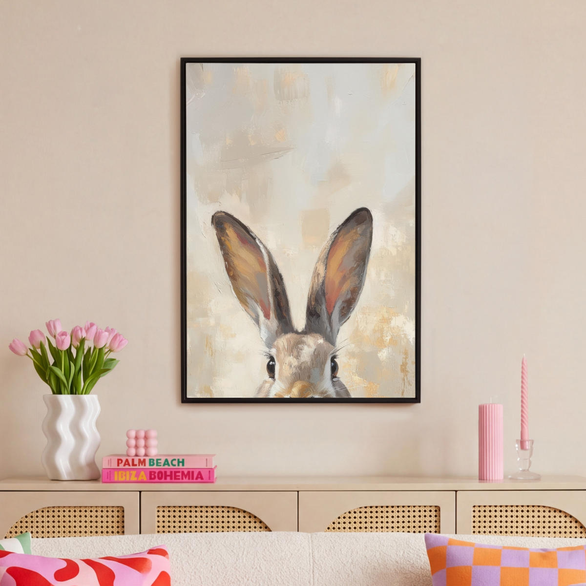 LEINWAND Bilder mit Rahmen - Hase - Ohren - Braun - 60x90 - Beige, Textil (60/90cm) - MuchoWow