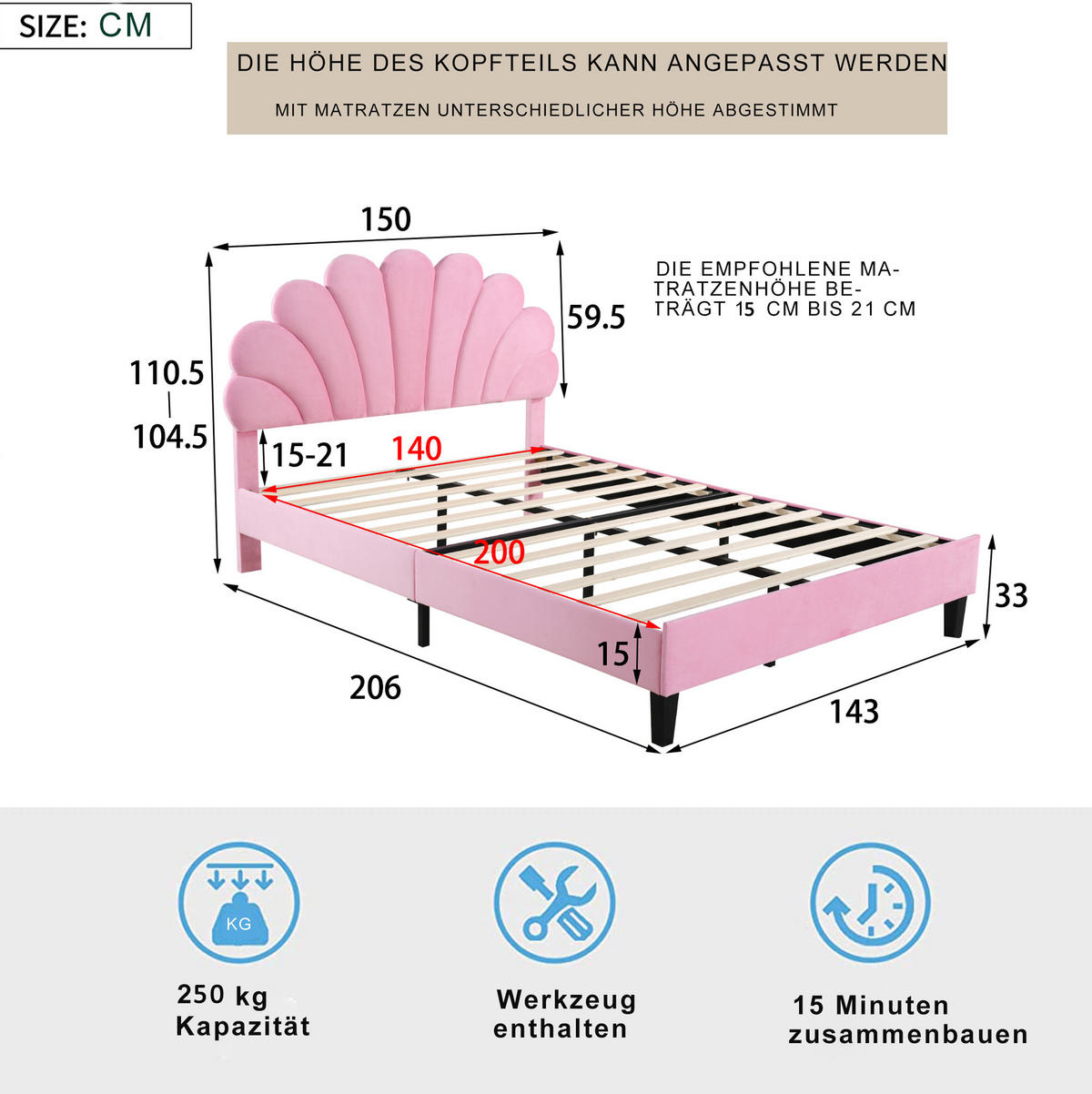BETT mit Blumenkopfteil und Lattenrost 140x200 cm Samt Pink - Pink, Metall (140/200cm) - Beauniv
