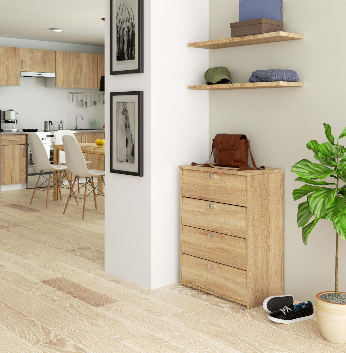 SCHUHSCHRANK mit 4 Schuhregalen, Sonoma, 60x80x33 cm - Sonoma Eiche, Holz (60/80/33cm) - Milordbikes