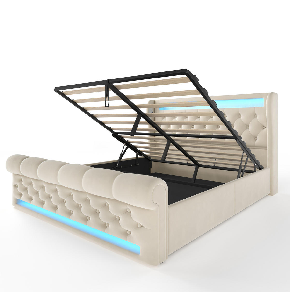POLSTERBETT aus Samt 160x200 cm Beige mit LED, USB-C, Stauraum und Matratze - Beige, Textil (160/200cm) - IVMEU