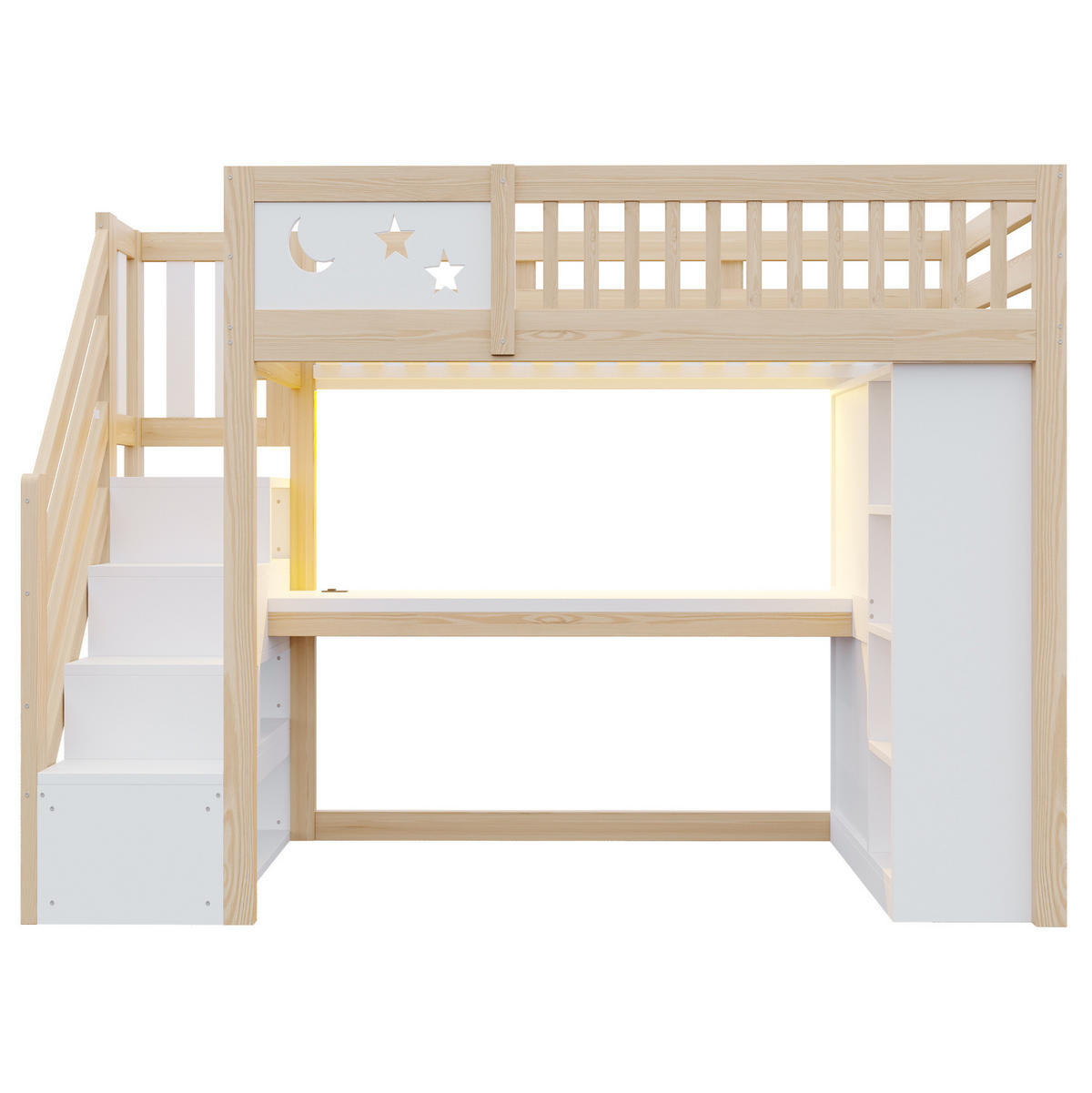 HOCHBETT aus Kiefernholz 90x200 cm Weiß/Holzfarbe mit Schreibtisch, LED-Beleuchtung, Steckdosen und Stauraum - Weiß, Holz (90/200cm) - Modfu