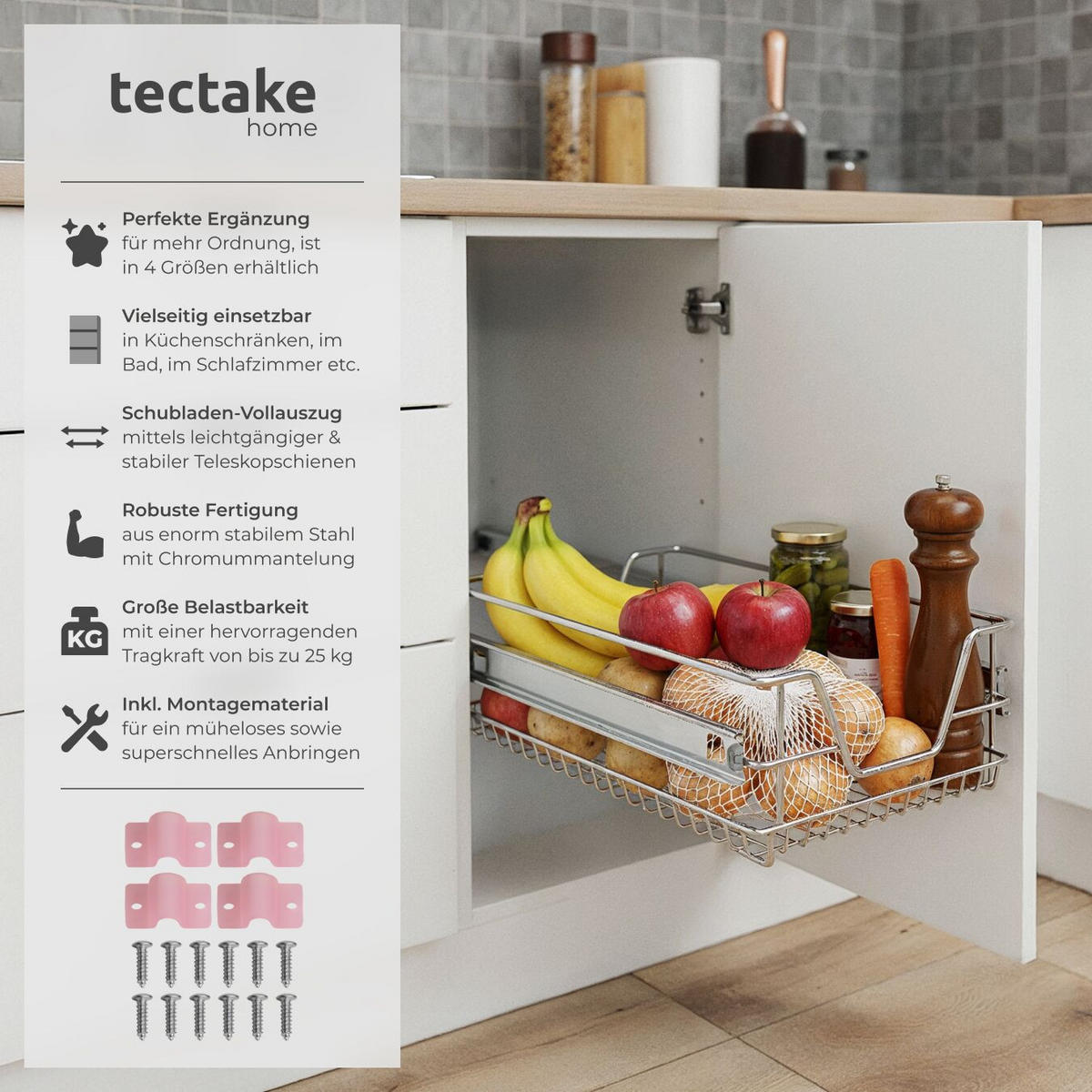 TELESKOPSCHUBLADE ,einfache Montage,grau - Grau, Metall (37/14/44cm) - tectake