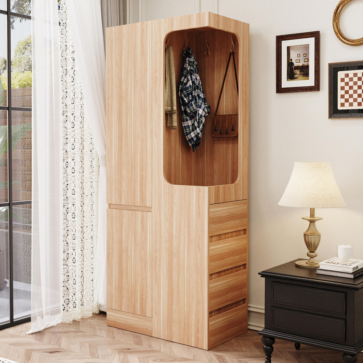 KLEIDERSCHRANK aus Holz 70x40x170 cm Naturholz/Weiß mit Schubladen, offener Hängefläche und 1 Tür - Nussbaumfarben, Holzwerkstoff (70/170/40cm) - Modfu