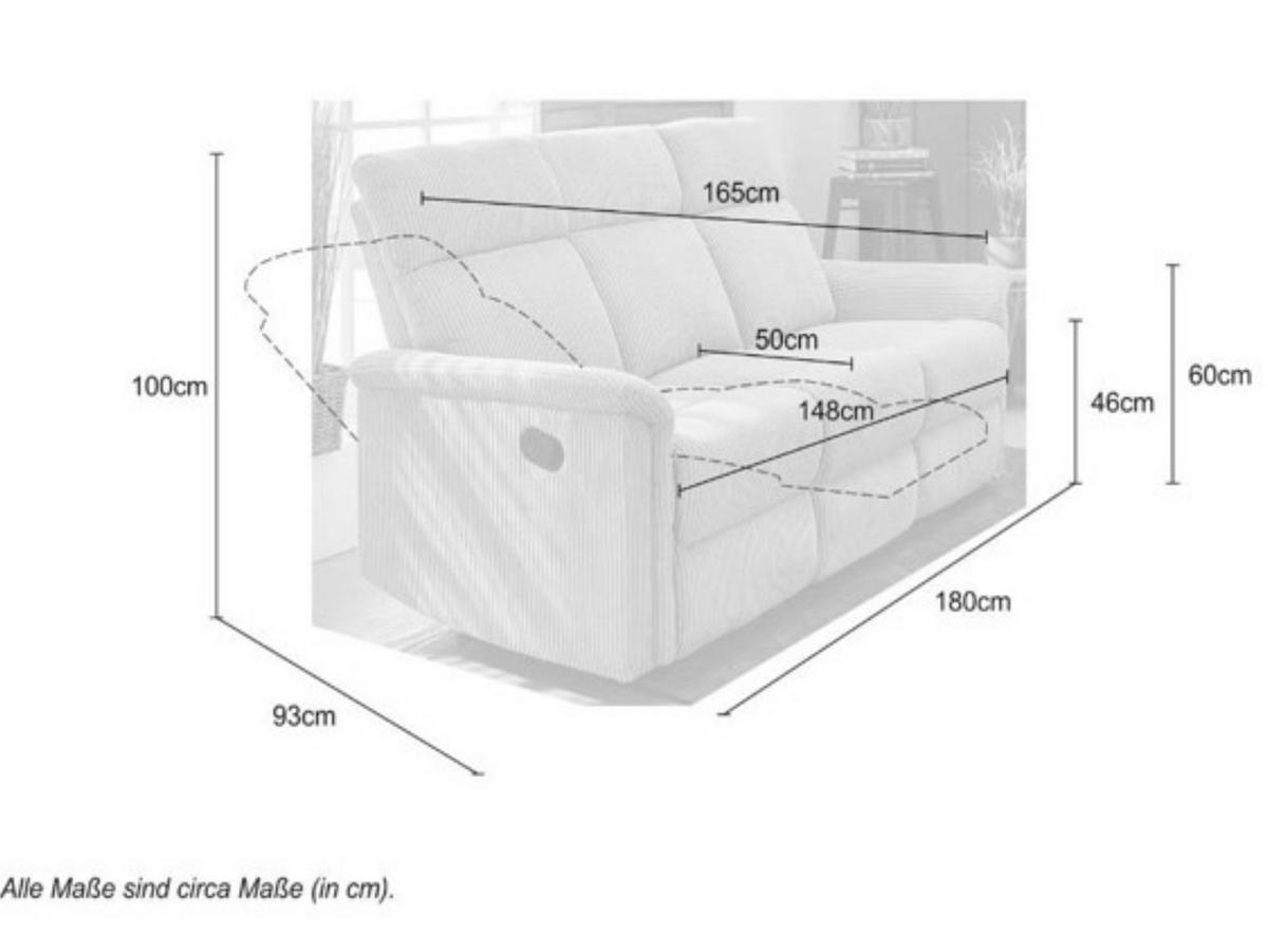 3-SITZER-RELAXSOFA Federkern, Liegefunktion verstellbar durch halbautomatische Relaxfunktion B180/T93/H100 cm, Cord Beige / 15506 - Beige/Schwarz, Textil (180/100/93cm) - luma-home