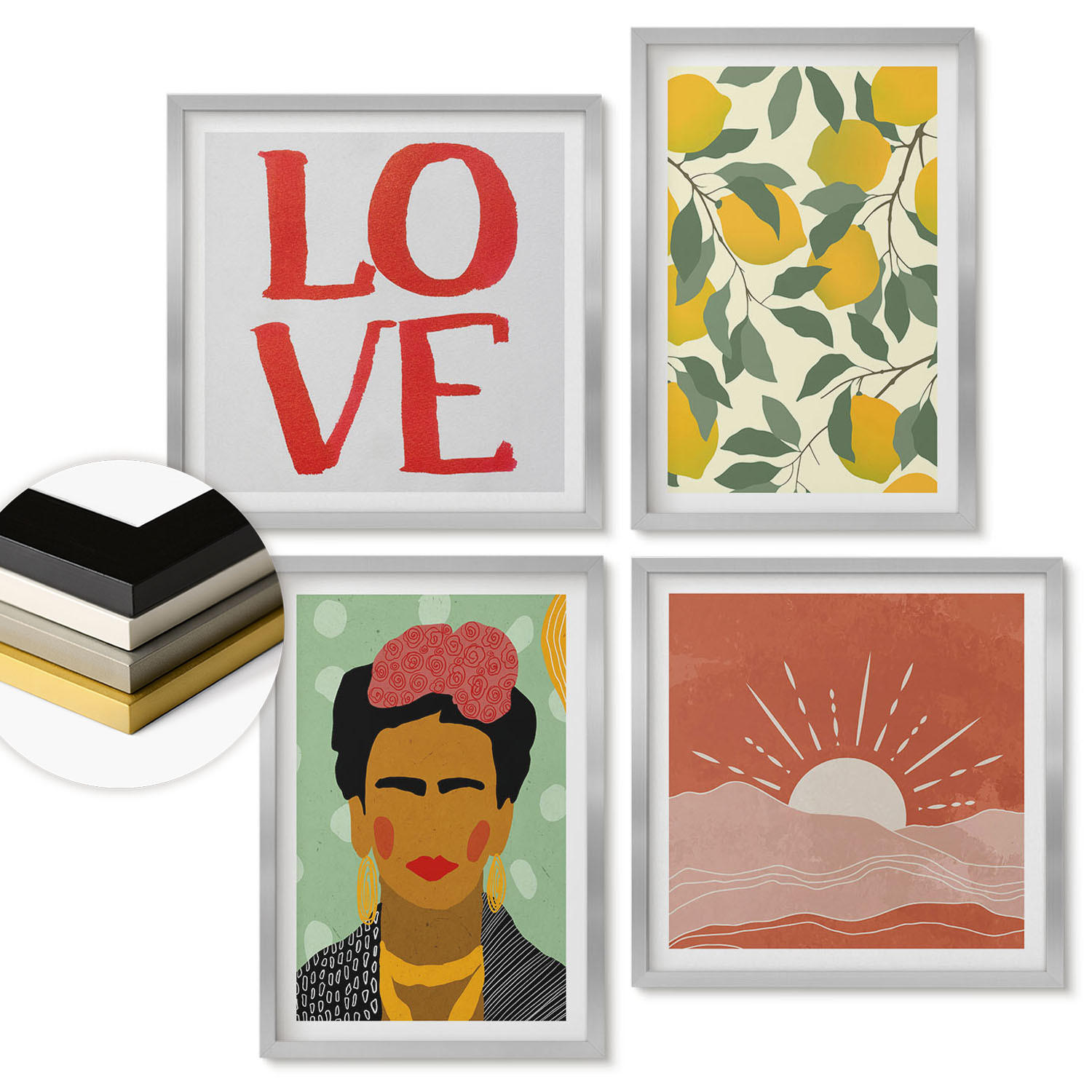WANDBILDER 4er Set - 50x50 cm & 40x60 cm Silberner Rahmen - Zitronen Inschrift Liebeslandschaft Frida - Silberfarben, Kunststoff (50/50cm) - ArtPrintCave