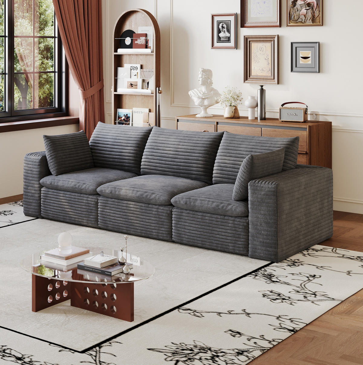 3-SITZER-SOFA aus Stoff Dunkelgrau mit Schaumstoffkern, flexibel kombinierbar und besonders weich - Dunkelgrau, Textil (260/60/90cm) - Modfu