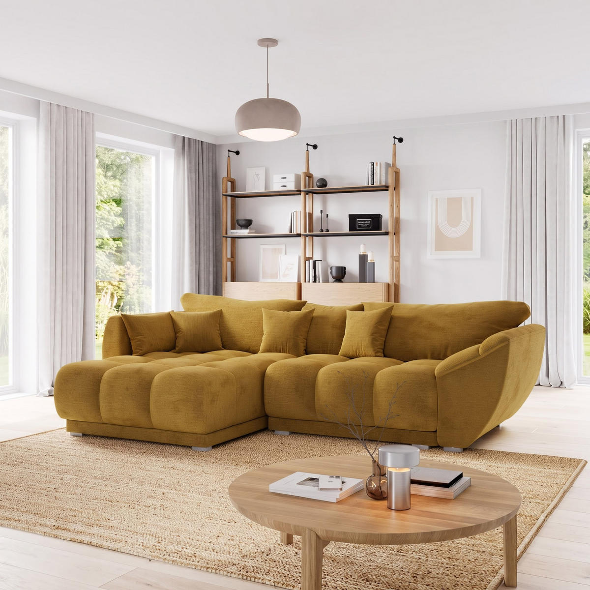 ECKSOFA LARGO Links Gelb Velours-Stoff L-Form Couch mit Schlaffunktion & Bettkasten - Gelb/Schwarz, Holz (180/285cm) - Barchello