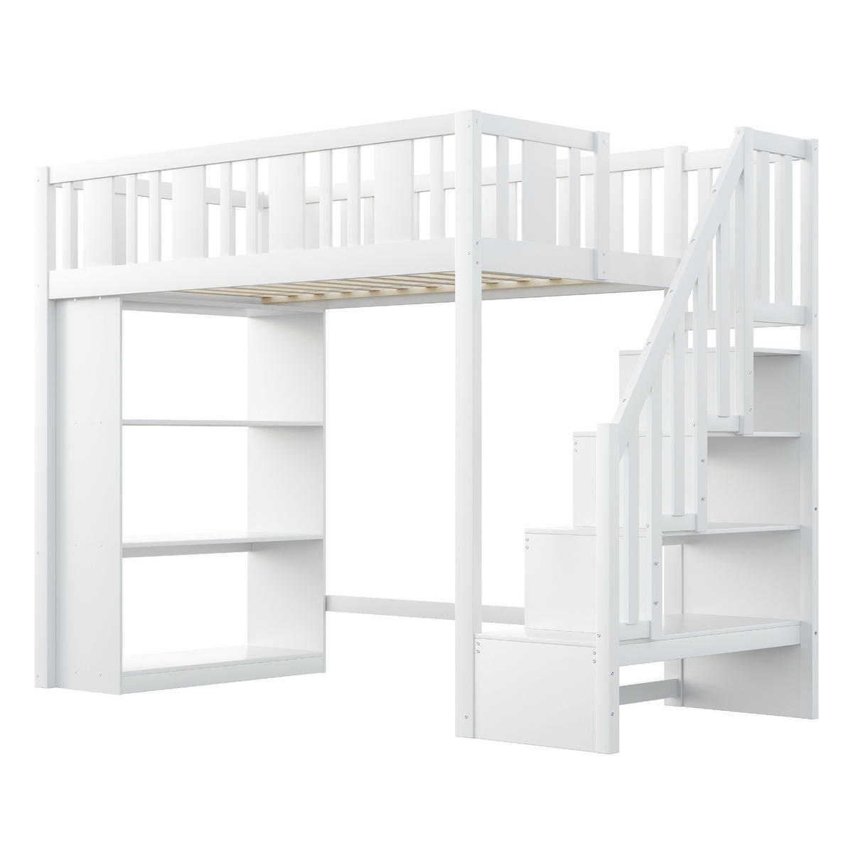 HOCHBETT 90/200 cm mit Stauraumtreppe in Weiß aus Kiefernholz - Weiß, Holz (90/200cm) - OKWISH