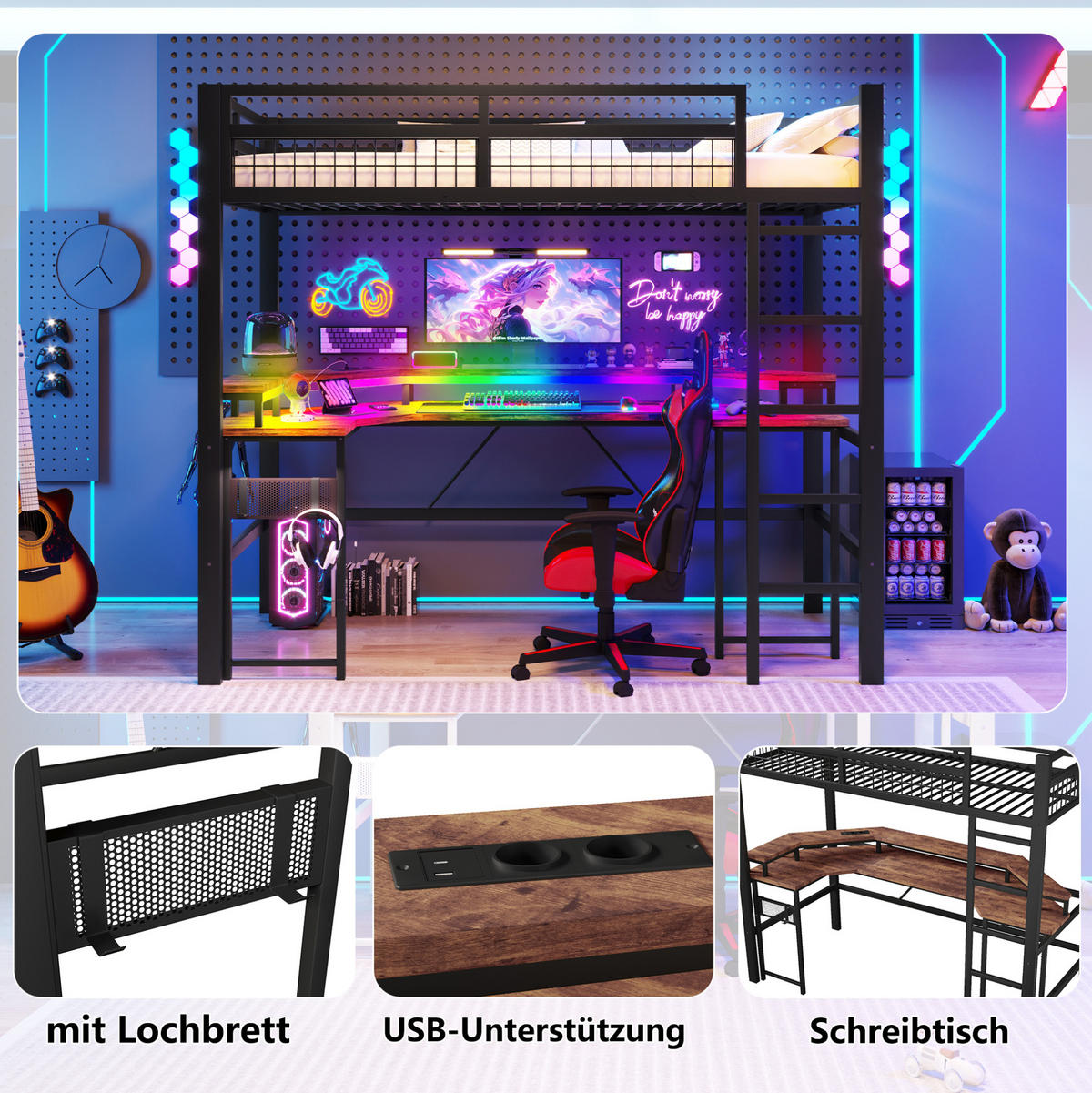 HOCHBETT 90/200 cm aus Metall mit Schreibtisch und LED-Beleuchtung, schwarz - Schwarz, Metall (90/200cm) - Flora Grace