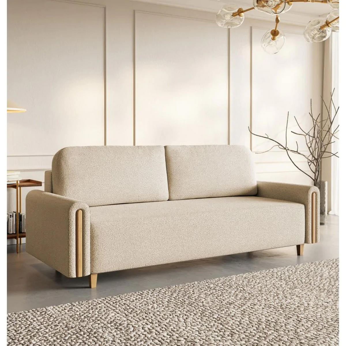 SCHLAFSOFA Modern, Sofa mit Schlaffunktion und Bettkasten, Farbe: Creme / Braun, Bouclé-Stoff - Creme/Braun, Textil (236/93/97cm) - Sepro Meble