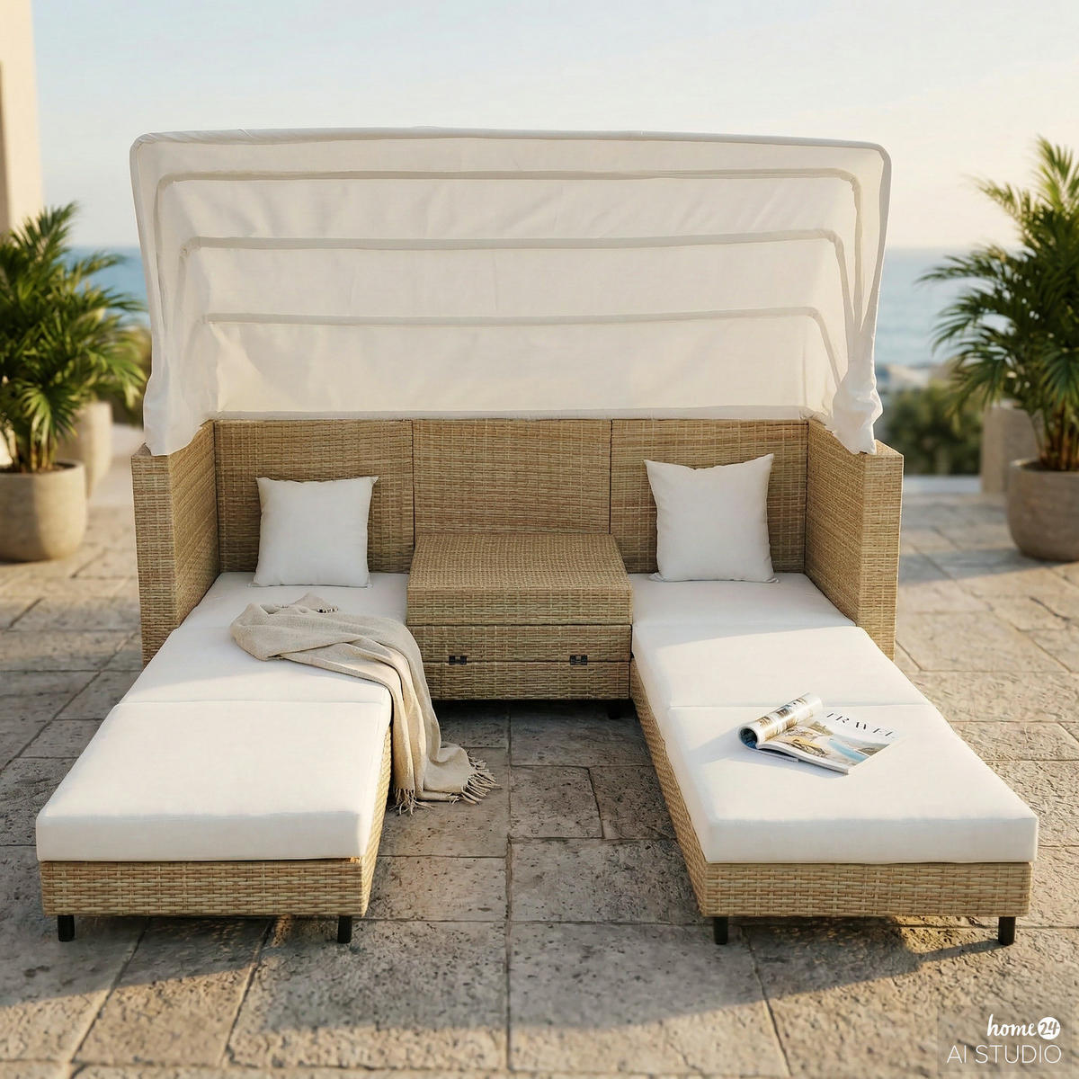 SONNENINSEL - 3-teilig - Polyrattan / Webstoff - Beige / Creme - Beige, Kunststoff/Textil (200/159/75cm) - home24
