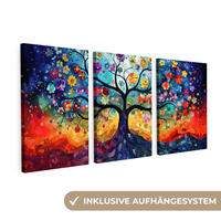 LEINWANDBILD - 3er Set - Bunt - Baum des Lebens - Blumen - Abstrakt - 120x60 - Blau, Textil (120/60cm) - MuchoWow