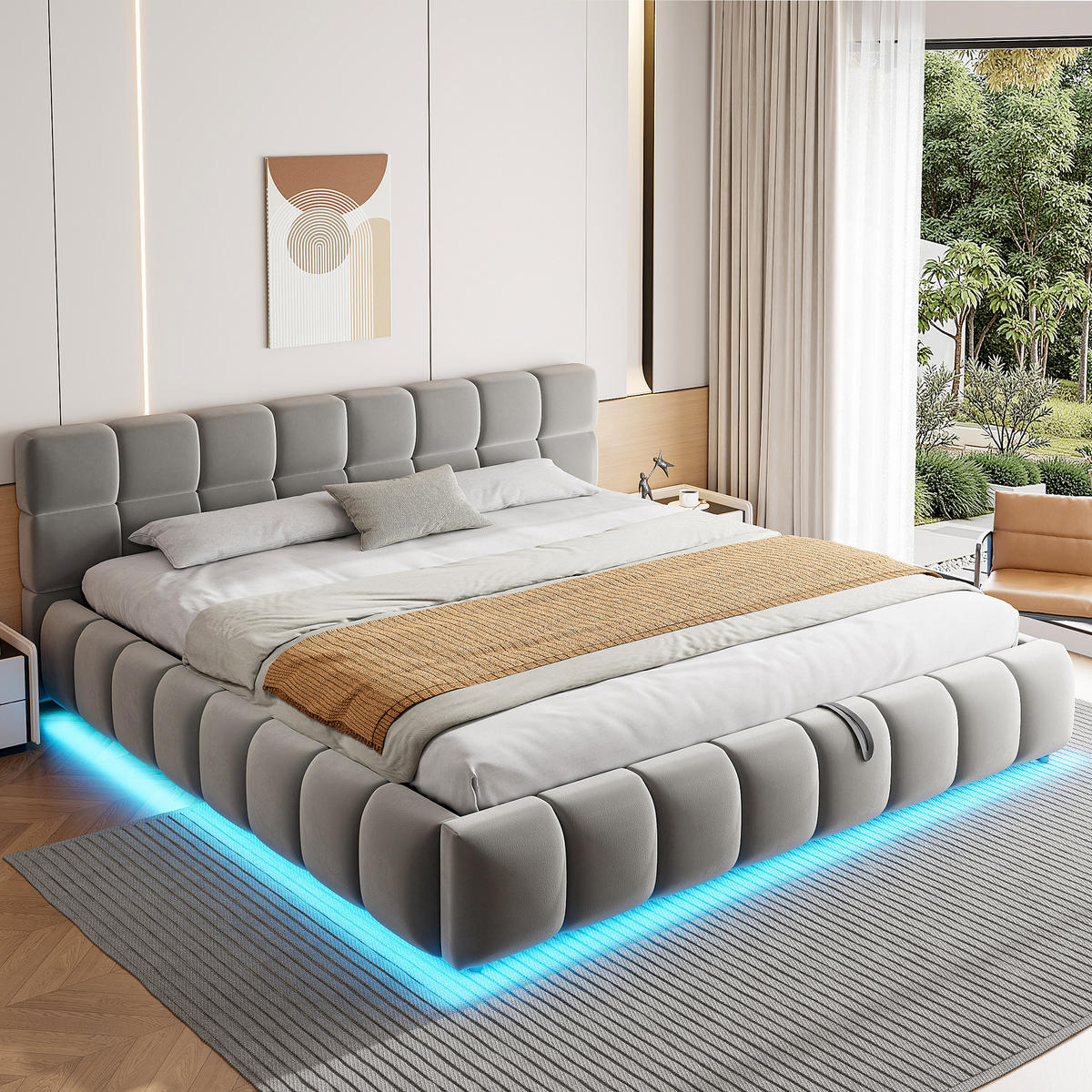 POLSTERBETT 180/200 cm in Grau Samt mit Bettkasten und LED - Grau, Holzwerkstoff/Textil (180/200cm) - STILVORA