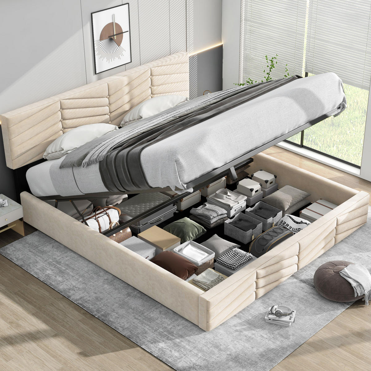 POLSTERBETT mit Bettkasten 160x200 cm Samt Beige - Beige, Metall (160/200cm) - Meubliv
