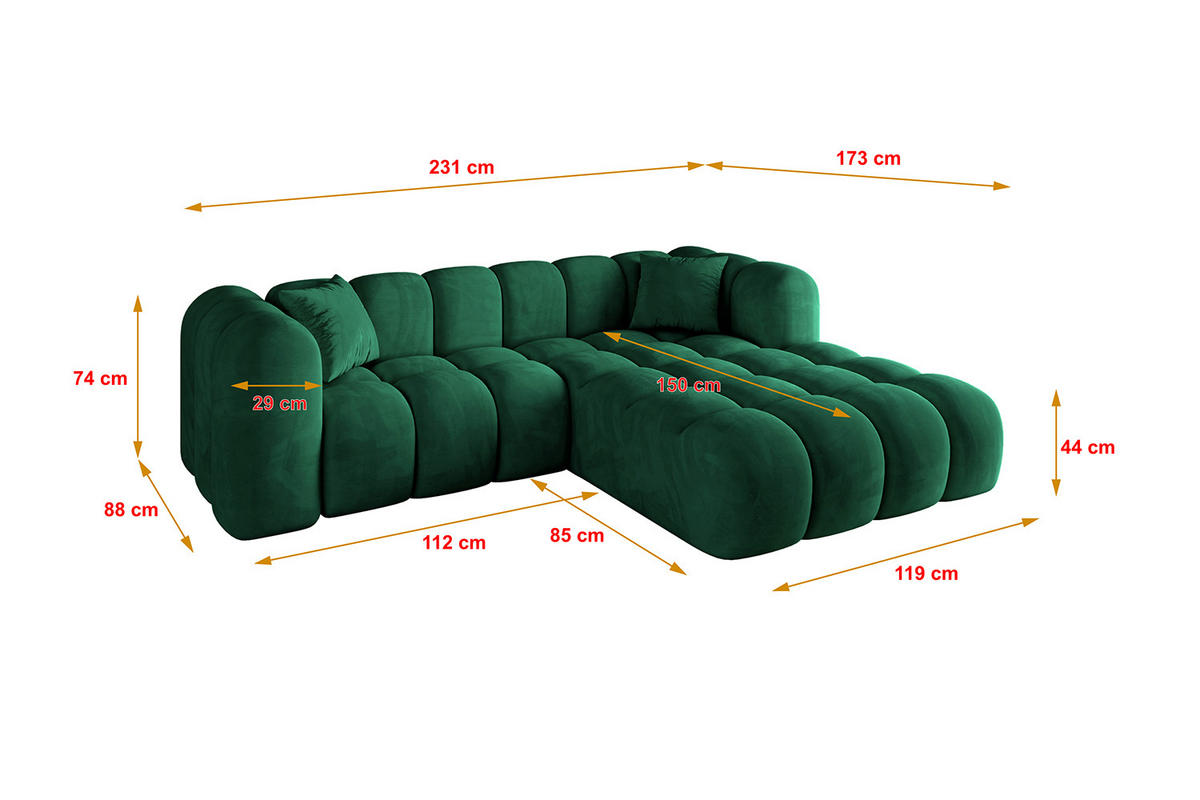 ECKSOFA Ottomane Rechts OLEA-L1 - 231x173x74 cm Dunkelgrün - Dunkelgrün/Schwarz, Holzwerkstoff/Kunststoff (231/173cm) - ALTDECOR