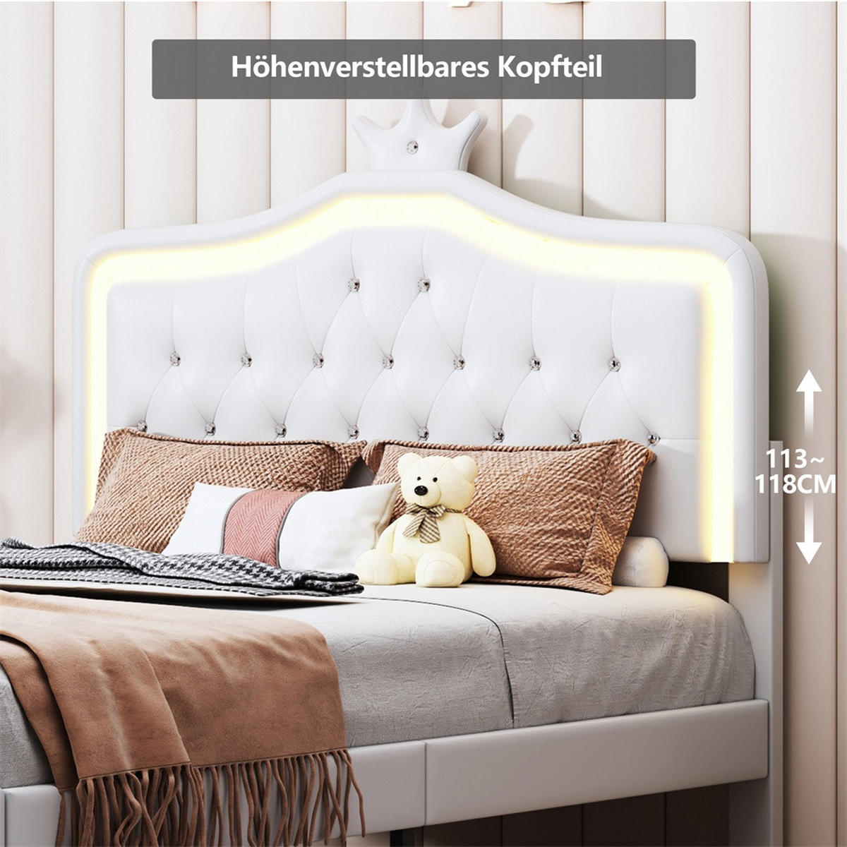 KINDERBETT 140 x 200 cm - höhenverstellbares Kopfteil mit LED-Beleuchtung und 2 Schubladen - ohne Matratze - Weiß - Weiß, Textil (140/200cm) - DELFA