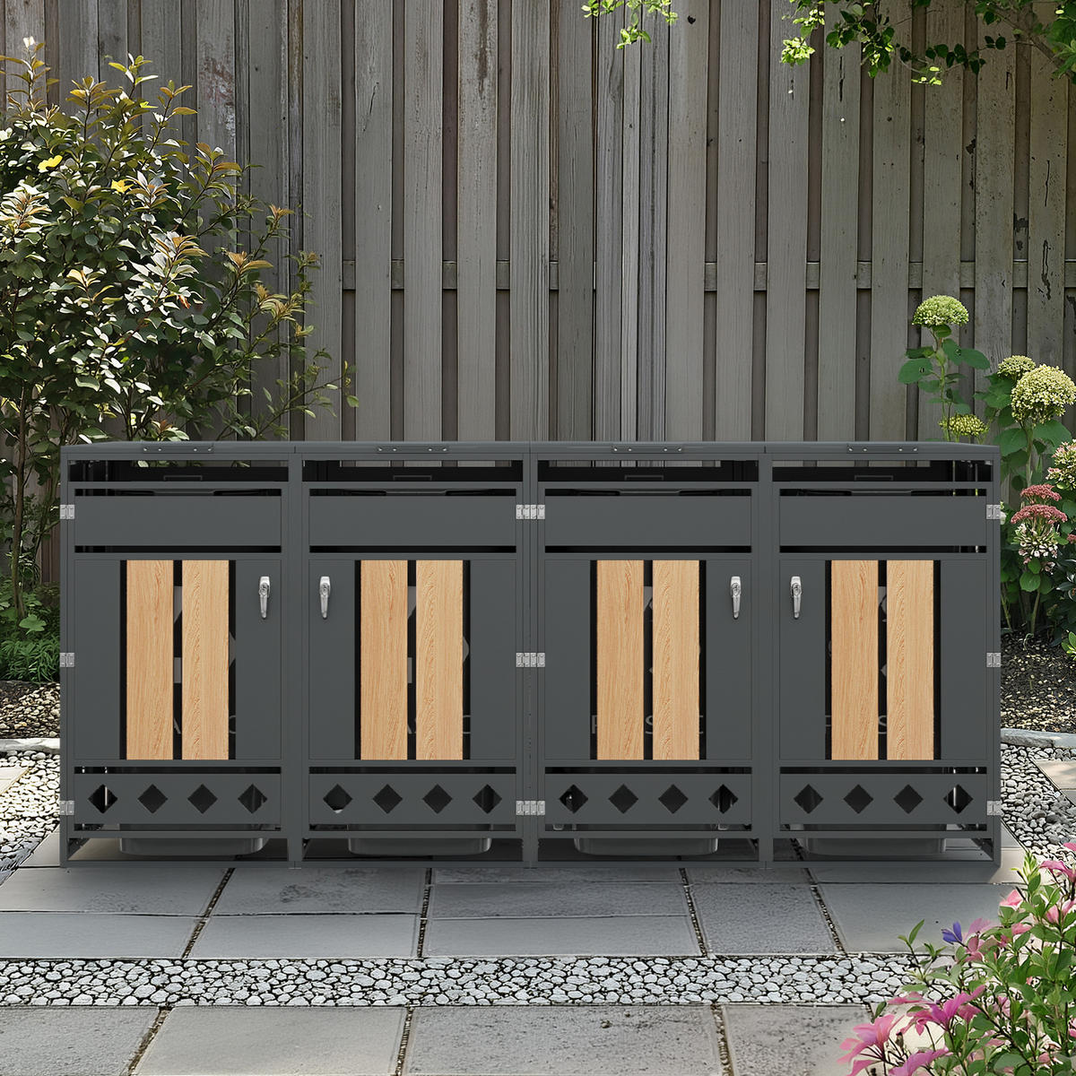 MÜLLTONNENBOX aus Stahl in Grau/Holzoptik mit hydraulischem Klappdeckel - Grau, Metall (264/118.5/80cm) - Modfu