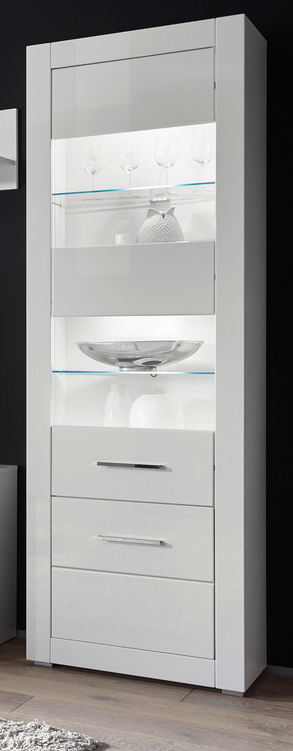 VITRINE weiß Hochglanz 65 cm, Vitrinenschrank modern - Weiß Hochglanz/Silberfarben, Holzwerkstoff/Kunststoff (65/198/35cm) - Furn.Design