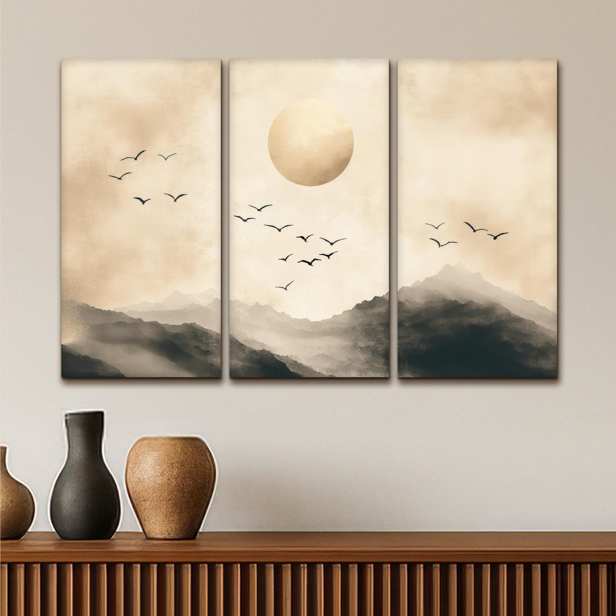 LEINWANDBILD 3er Set Landschaft - Japandi - Beige - Vögel 90x60 cm - Beige, Textil (90/60cm) - MuchoWow