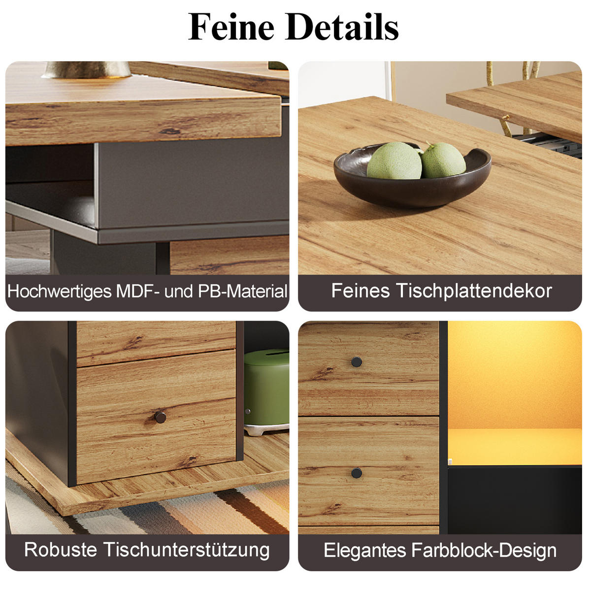 ESSTISCH 110-140/80/75 cm in Schwarz/Natur mit LED-Beleuchtung und Stauraum - Schwarz, Holzwerkstoff (110/80/75cm) - Flora Grace