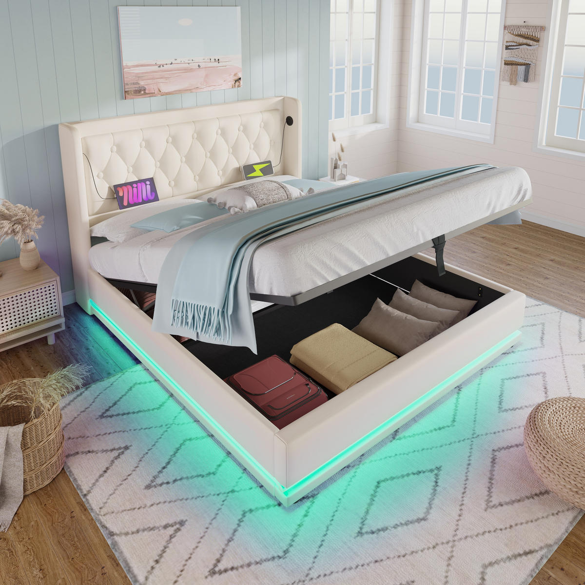 POLSTERBETT 160/200 cm Weiß PU mit hydraulischem Stauraum und USB-C-Anschlüssen - Weiß, Kunststoff (160/200cm) - OKWISH