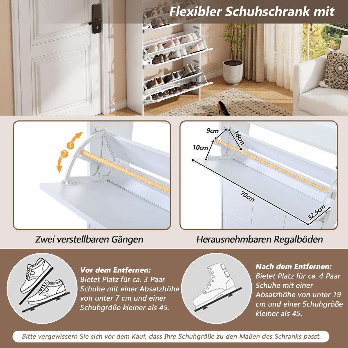 SCHUHSCHRANK 70/25/120 cm mit Klapptüren, Schublade und 6 Fächern aus MDF, Weiß - Weiß, Holzwerkstoff (70/120/25cm) - Redom