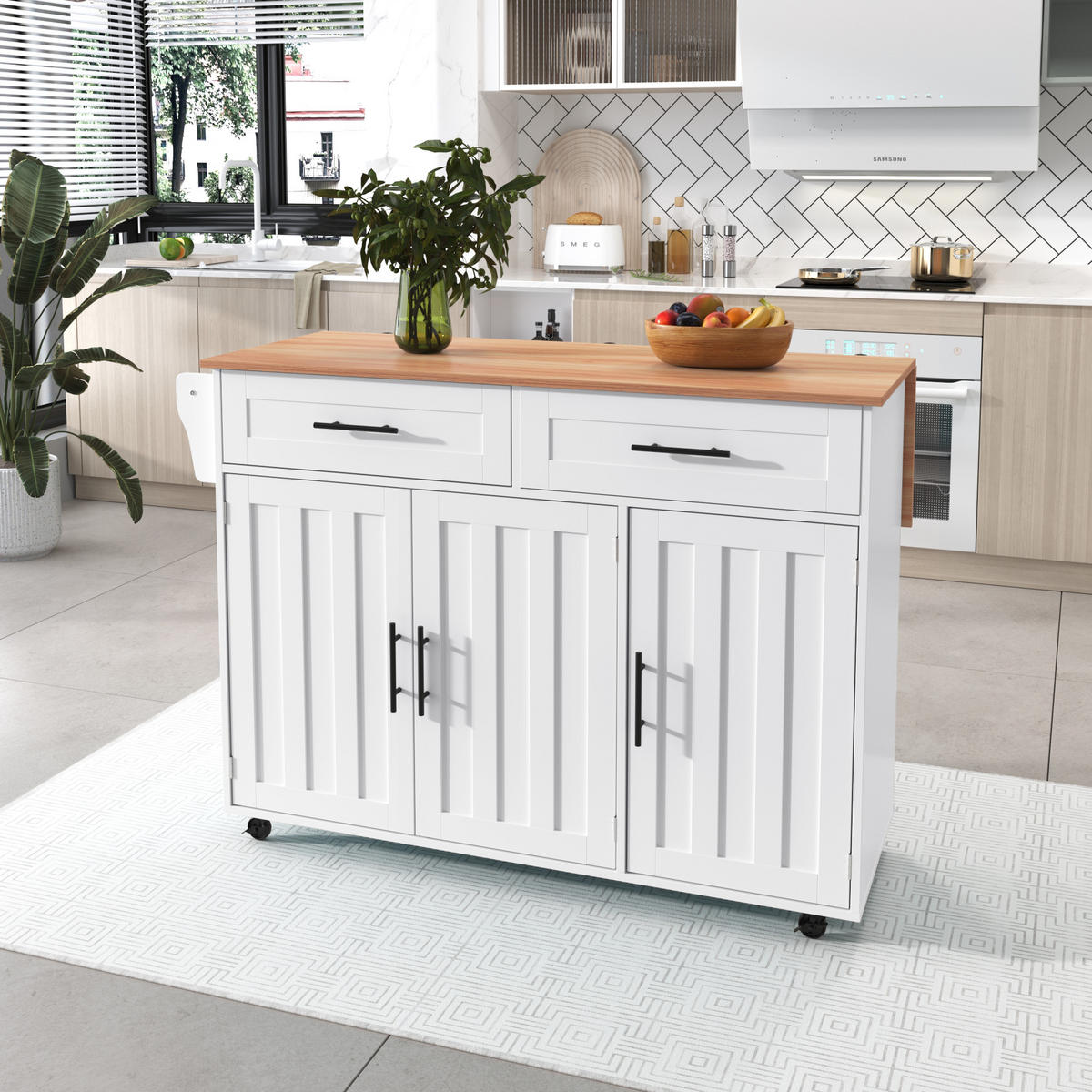 KÜCHENINSEL 129x71x91.5cm Weiß mit Ausziehplatte, Schubladen & Rollen/Füßen - Weiß, Holzwerkstoff (129/91.5/71cm) - Modfu