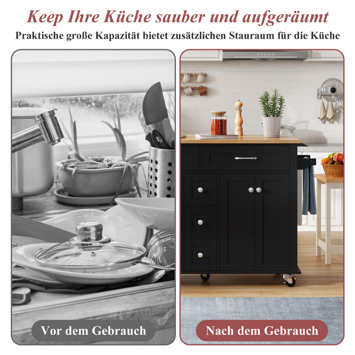 KÜCHENINSELWAGEN 140x65x89cm Schwarz mit ausklappbarer Platte, Schubladen & 5 Rollen - Schwarz, Holzwerkstoff (140/89/65cm) - Modfu