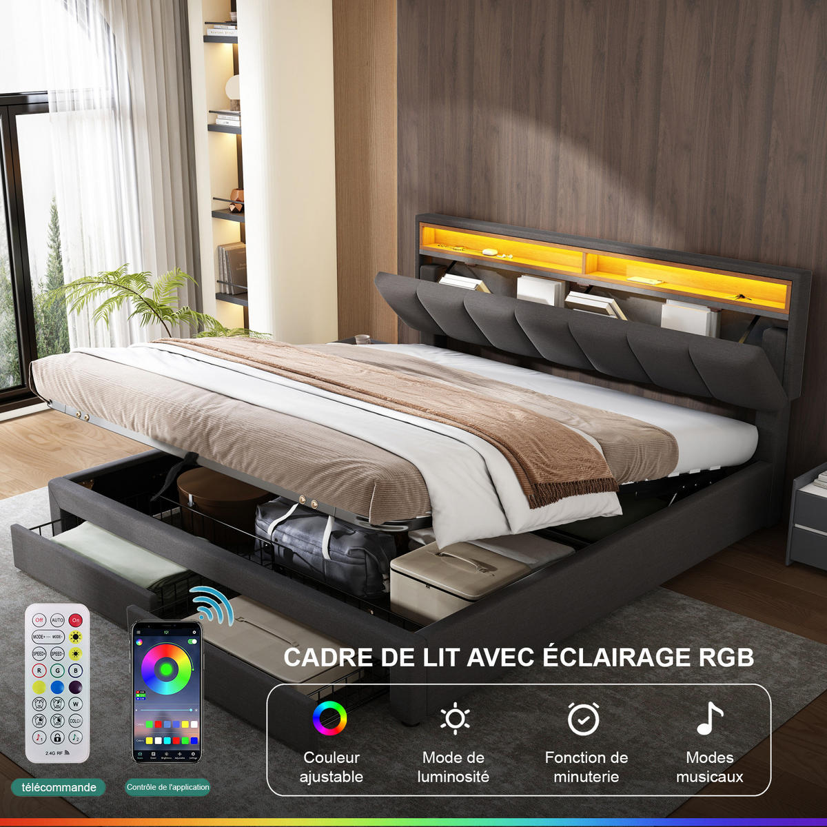 POLSTERBETT Grau 180x200 cm LED - Grau, Metall - SHOPENTRA