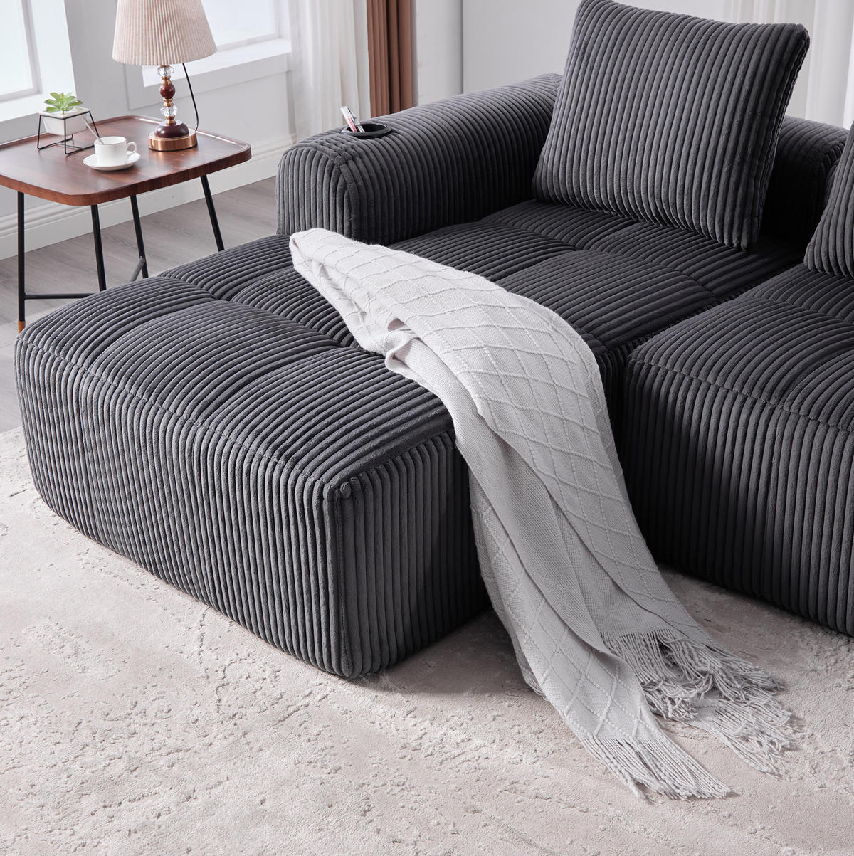 ECKSOFA aus Cord 253x158x61 cm in Dunkelgrau mit Seitenfach & Becherhalter - Dunkelgrau, Textil (158/253cm) - Modfu