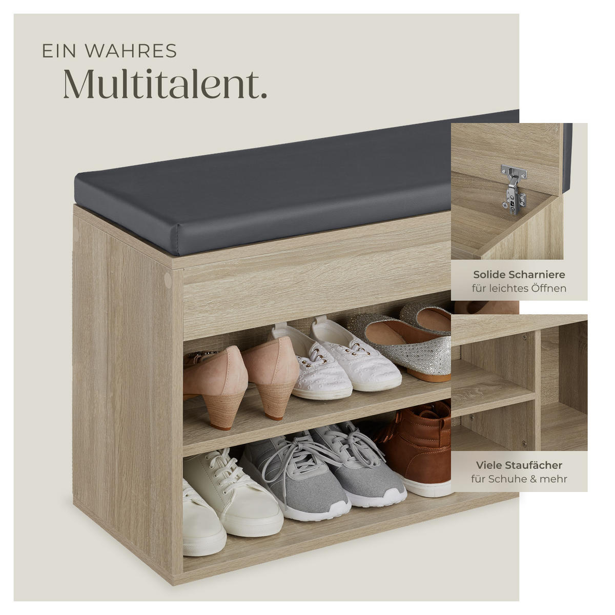 SCHUHBANK Natalya,104 x 30 x 49 cm,Holz hell, Eiche Sonoma - Eiche Artisan, Holz (30/49/104cm) - tectake
