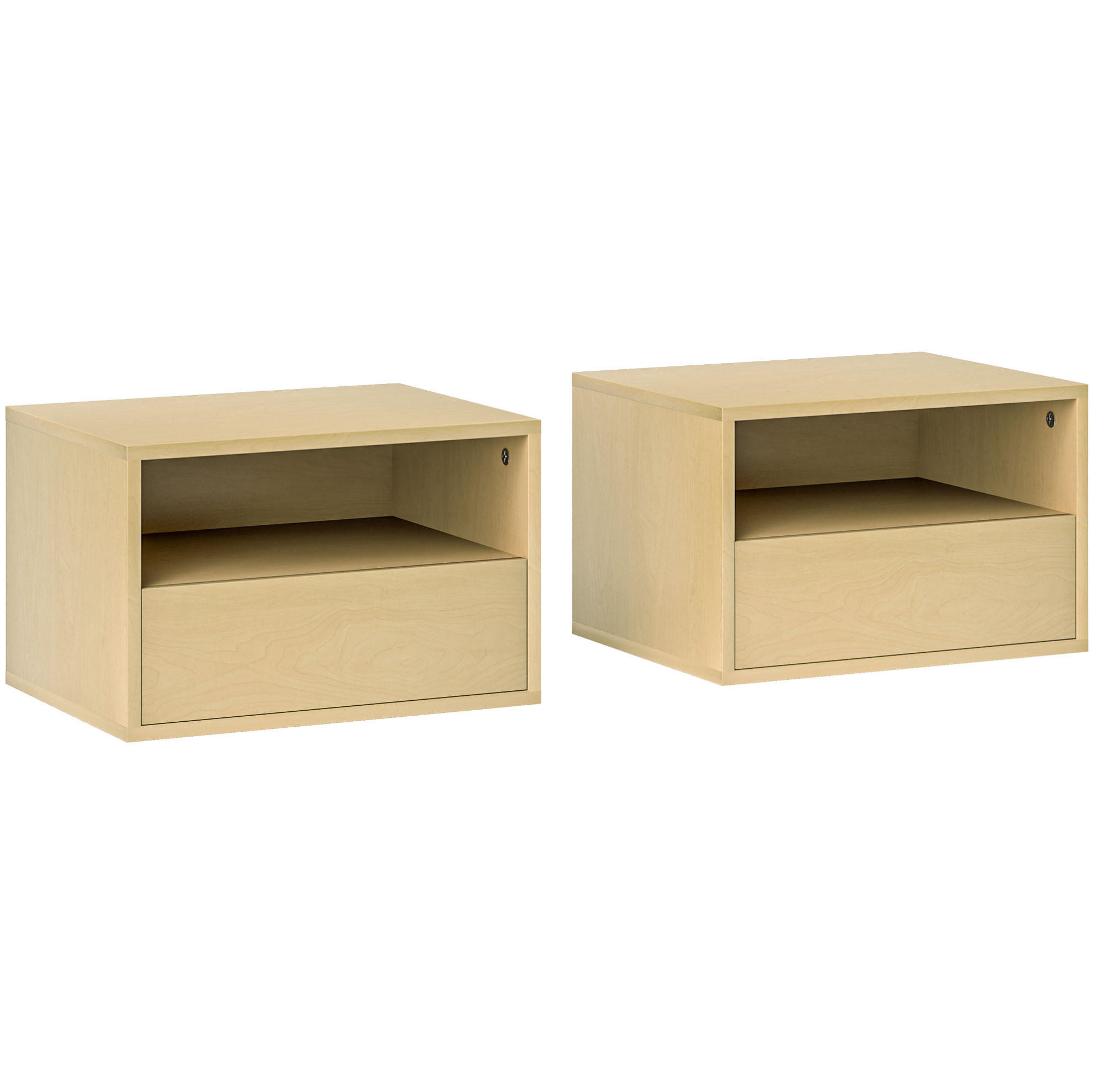 SCHWEBENDER Nachttisch 45/35/27,5 cm im 2er-Set mit Schublade & offenem Fach - Hellbraun, Holz (35/27.5/45cm) - BEAOK
