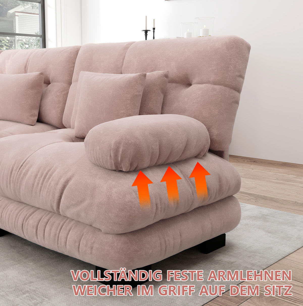 MODULARES Ecksofa aus Chenille in Pink 77x313x81 cm mit tiefem Sitz und Kissen - Pink, Textil (313/77cm) - IVMEU