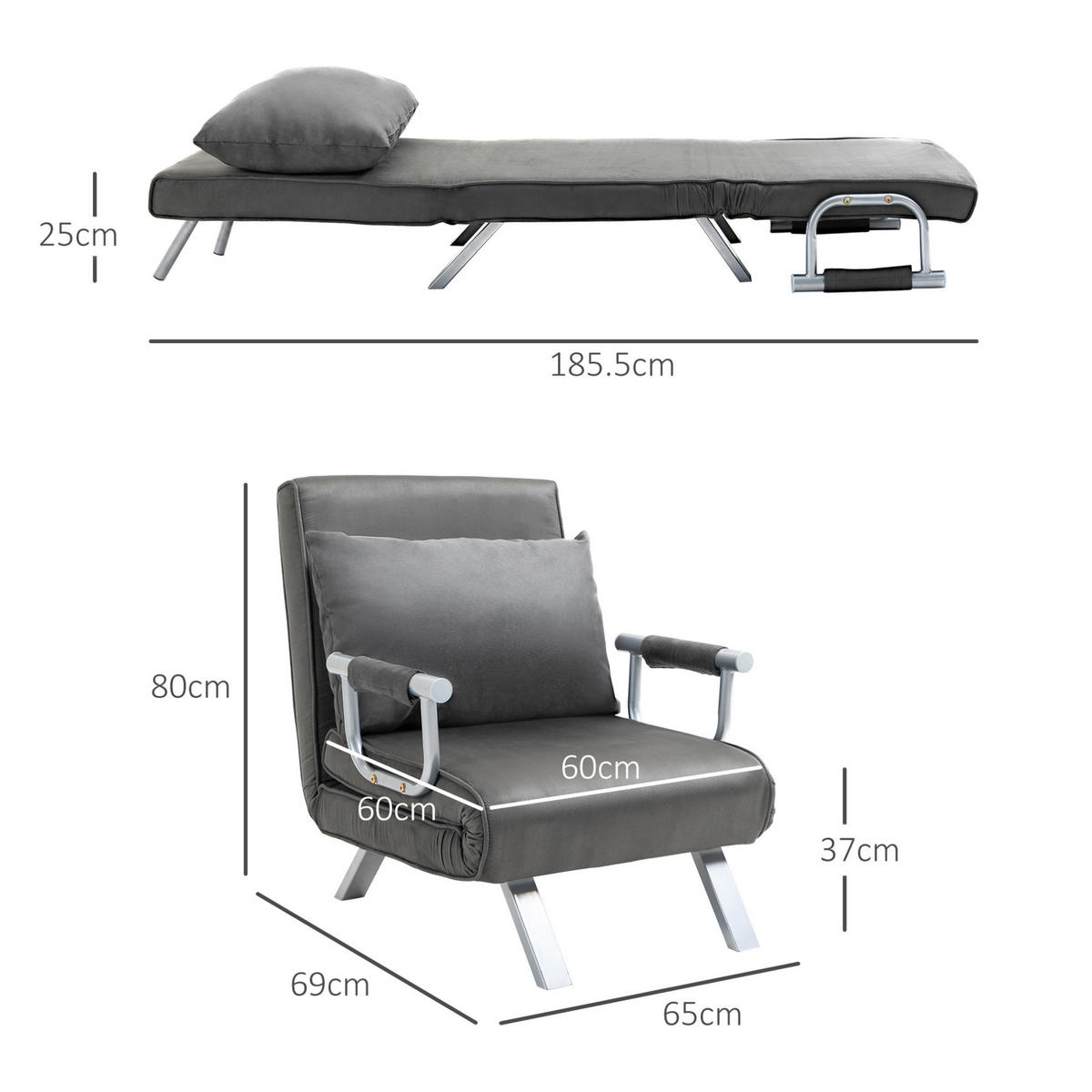 SCHLAFSESSEL 69/65/80 cm mit Liegefläche 60/185,5 cm, klappbar & platzsparend - Grau, Textil (65/80/69cm) - BEAOK
