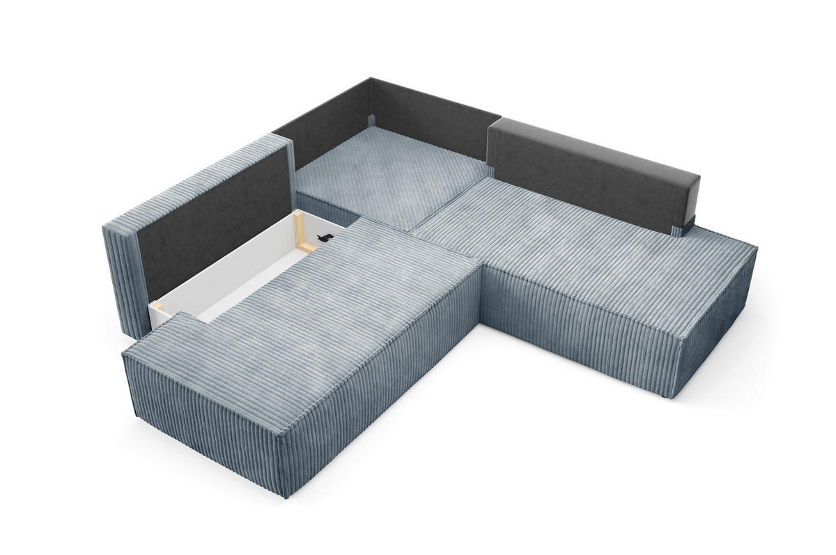 ECKSOFA TESSO II R-S Grau Kordstoff mit Schlaffunktion - Grau, Holz (254/254cm) - MASSENO