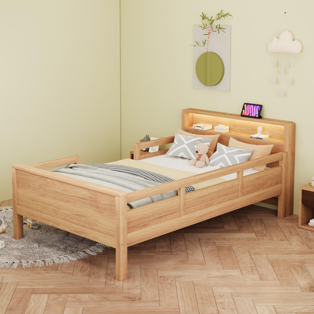 KINDERBETT 90/200 cm mit LED-Leuchte, USB- und Type-C-Anschluss, Kopfteil mit Ablage und Seitengittern, farbe - Naturfarben, Holzwerkstoff (90/200cm) - Redom