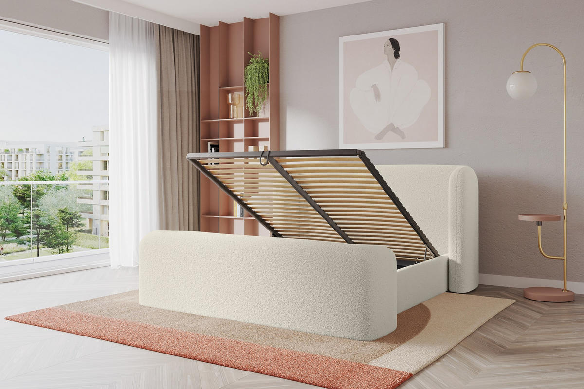 POLSTERBETT mit Bettkasten, Fußteil und Lattenrost, Boxbett ohne Matratze - ESTI-Z 160x200 Beige - Sandfarben, Holzwerkstoff/Textil (160/200cm) - ALTDECOR
