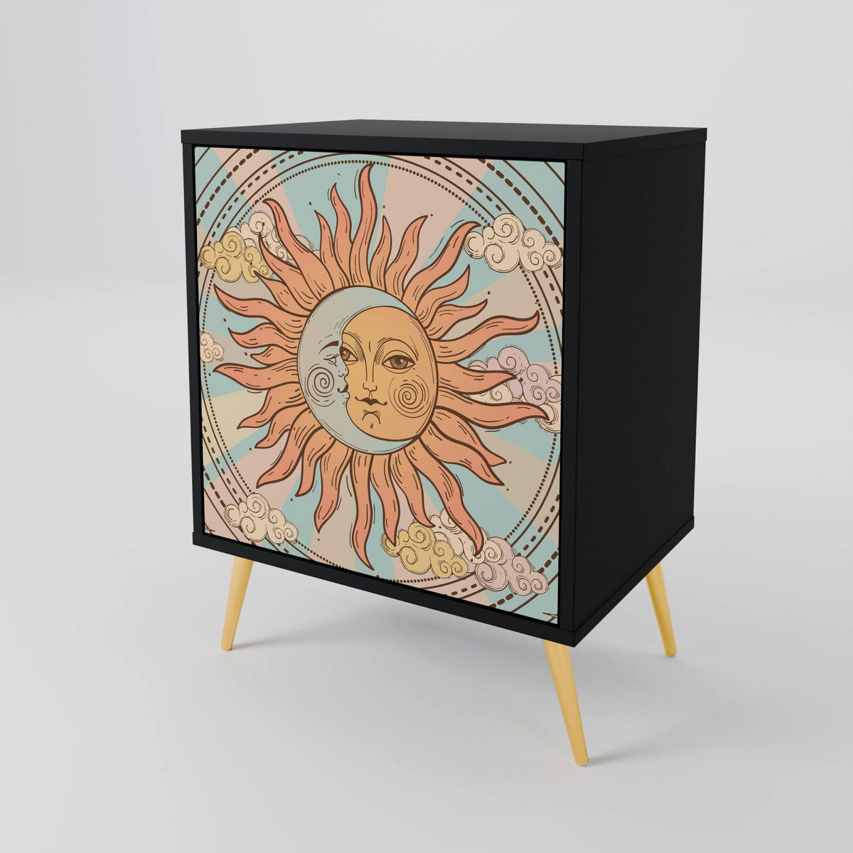 SIDEBOARD MYSTICAL STRUCTURE, Schwarz, 57,5x42x70,5 cm, Schwarze Metall-Sternfüße - Multicolor/Schwarz, Holzwerkstoff/Metall (57.5/70.5/42cm) - SpaceRebels