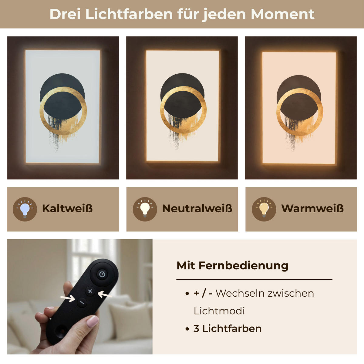 WANDLEUCHTE MIT AKKU Abstraktes Design - Schwarzer Kreis - Farbflecken 60x90 cm - Creme, Holzwerkstoff (60/90/8cm) - OnlyWow