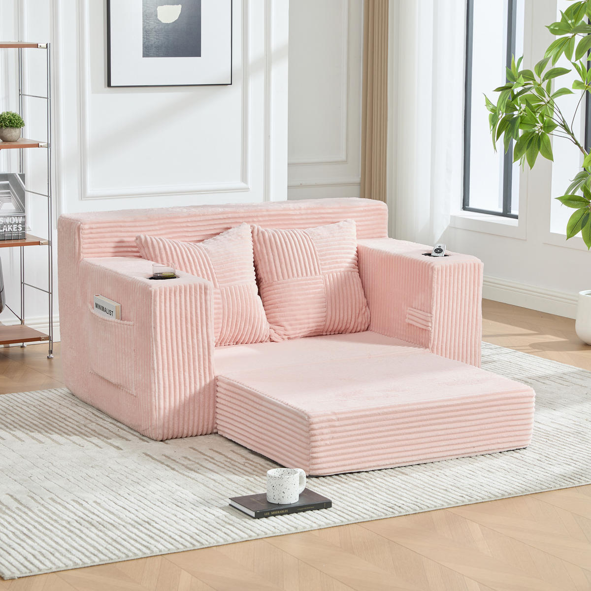 1,5-SITZER ausklappbar, Getränkehalter/Seitentasche, Cord, Rosa - Rosa, Textil (133/64/87cm) - LVHOM